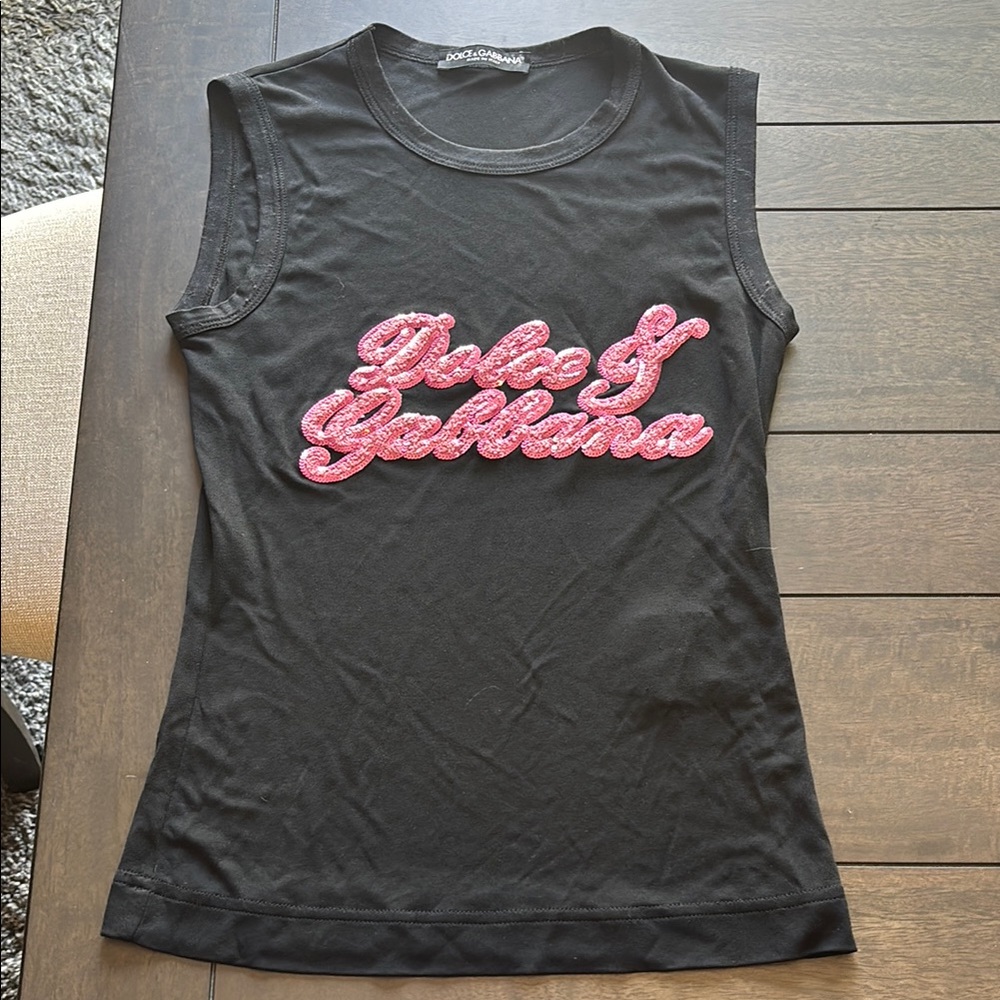 Dolce & Gabbana Black Sleeveless Top with Pink Logo